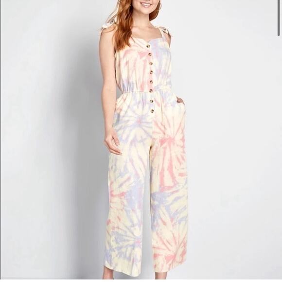 ModCloth Every Waking Momentum Tie Dye Linen Jumpsuit Size Medium - Picture 1 of 16